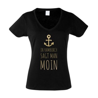 Damen T-Shirt V-Ausschnitt - In Hamburch sagt man Moin