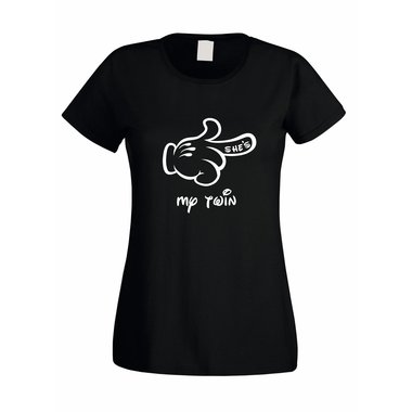 Damen T-Shirt - Mickey Hand RECHTS - Shes my twin fuchsia-weiss XL