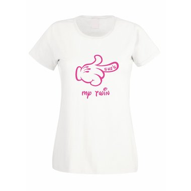 Damen T-Shirt - Mickey Hand RECHTS - Shes my twin fuchsia-weiss XL