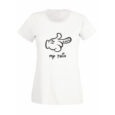 Damen T-Shirt - Mickey Hand RECHTS - Shes my twin fuchsia-weiss XL
