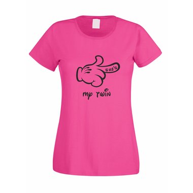 Damen T-Shirt - Mickey Hand RECHTS - Shes my twin fuchsia-weiss XL